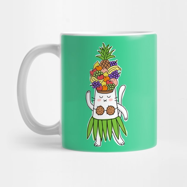 Hawaiian Dancer Cat With Tropical Fruit Hat by HappyCatPrints